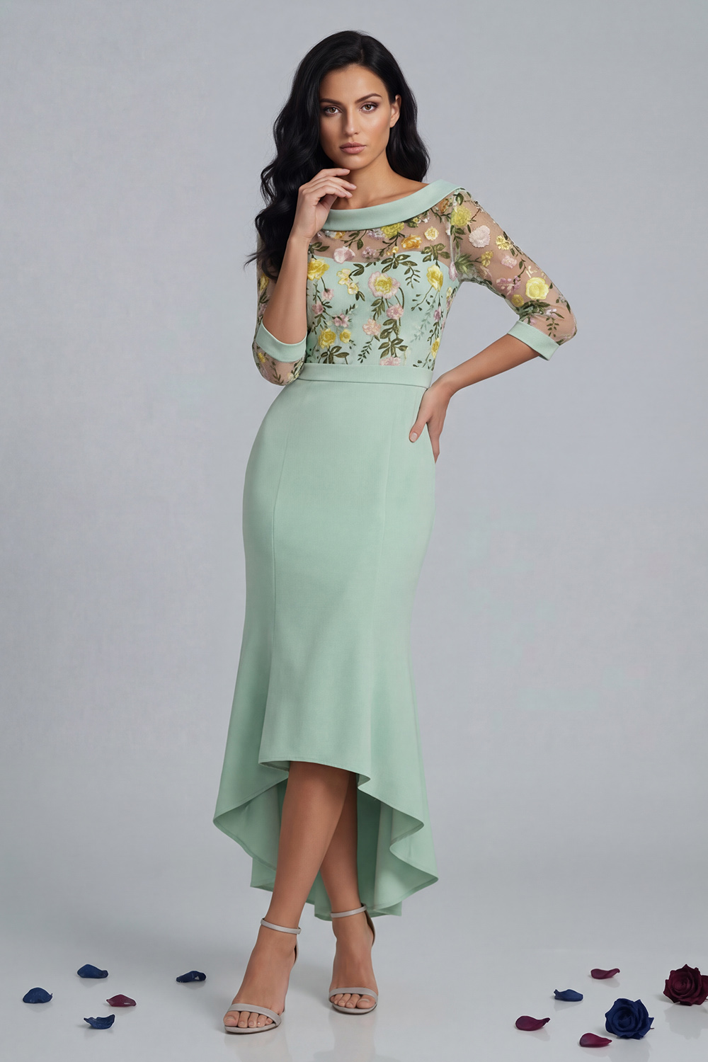 Mint Floral Mermaid Tea-Length Mother of the Bride Dress with Lace