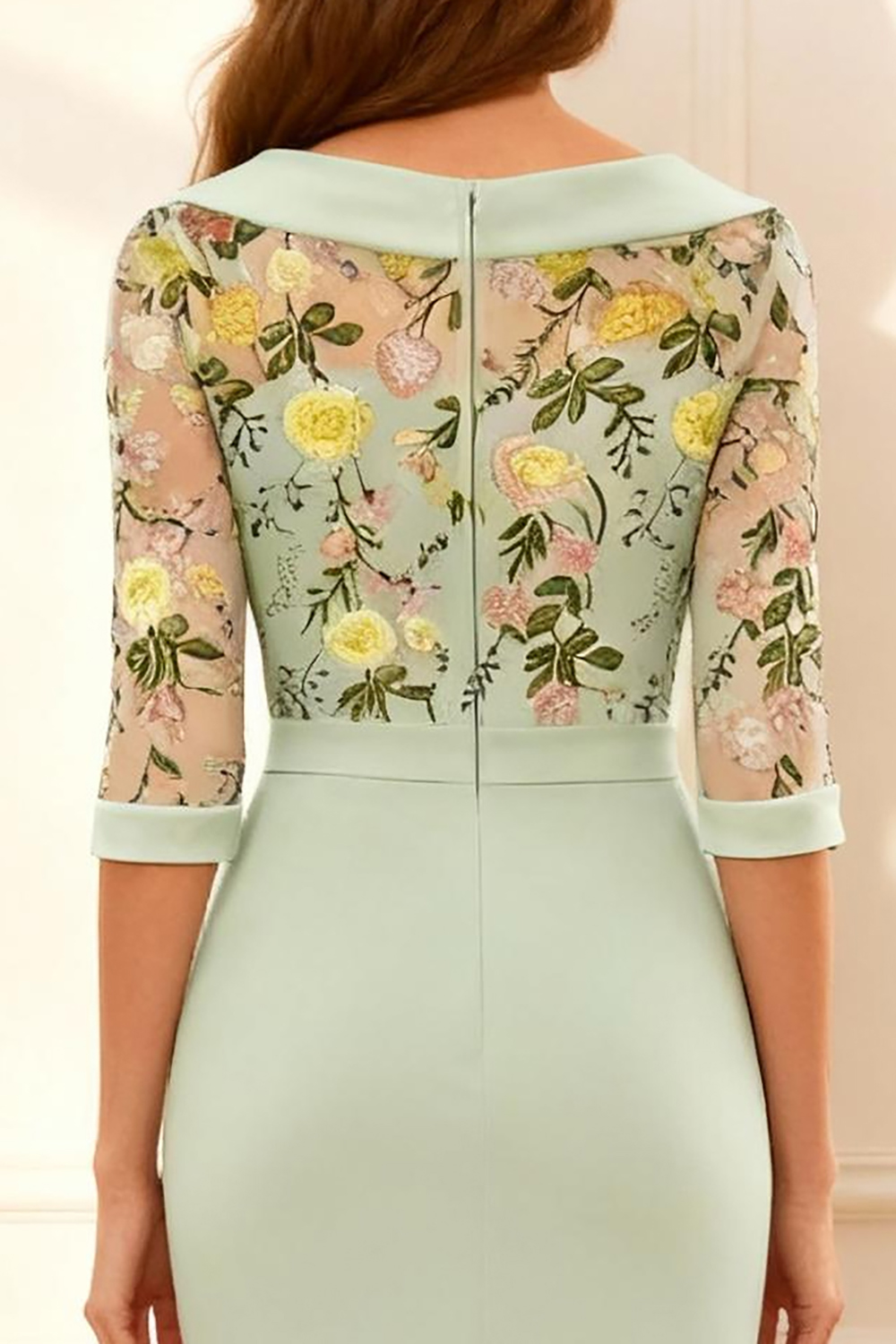 Mint Floral Mermaid Tea-Length Mother of the Bride Dress with Lace