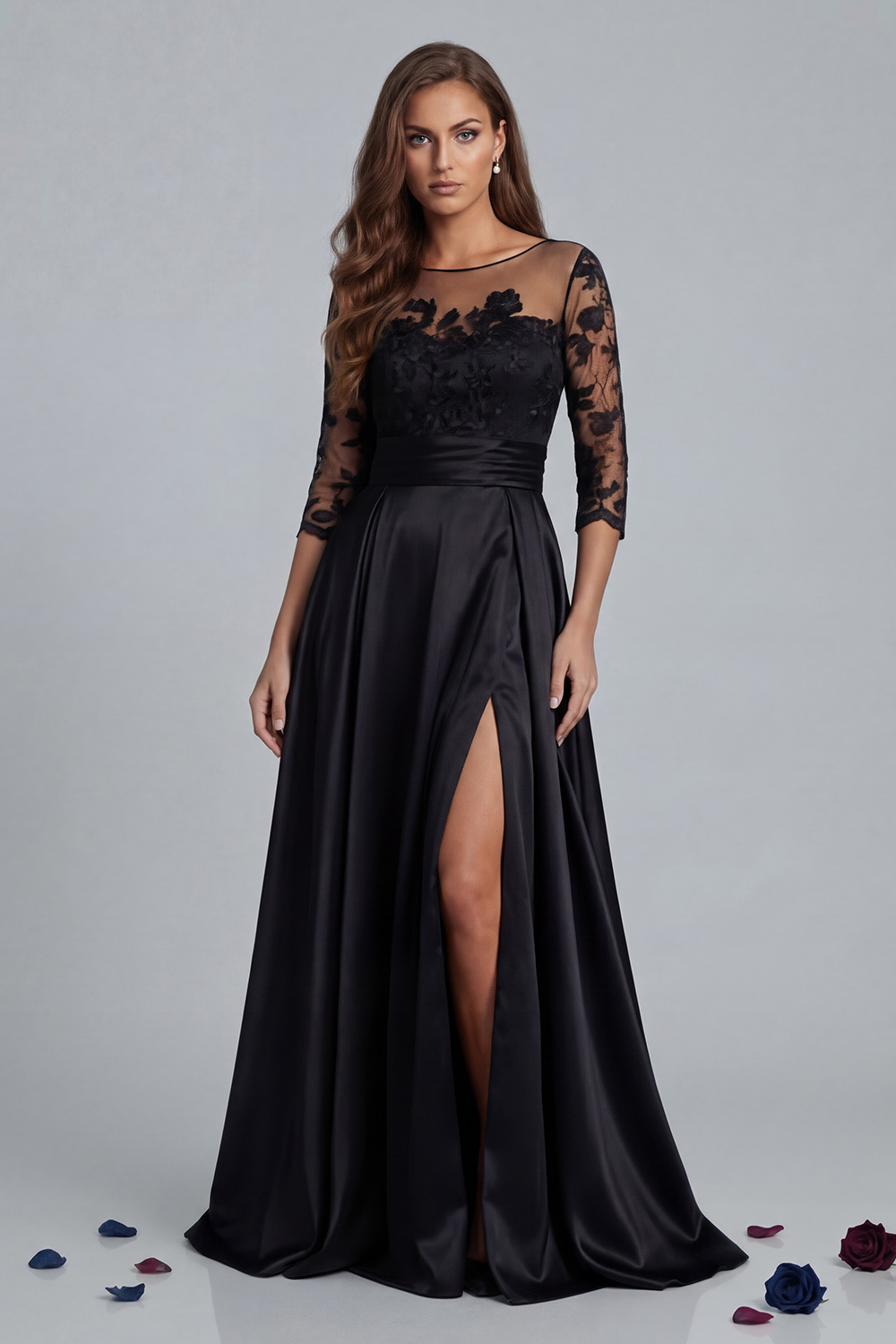 Black A Line Satin Floor-Length Mother of the Bride Dress with Slit