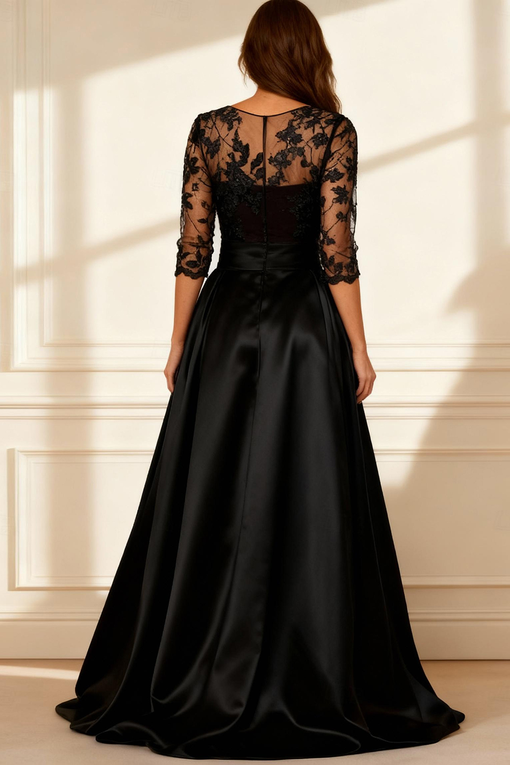 Black A Line Satin Floor-Length Mother of the Bride Dress with Slit