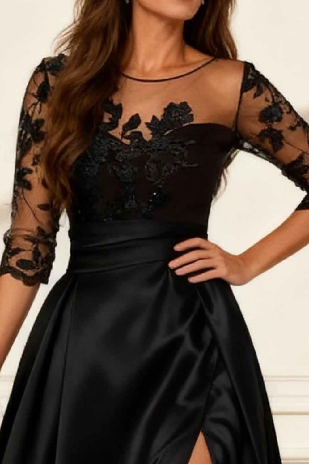 Black A Line Satin Floor-Length Mother of the Bride Dress with Slit