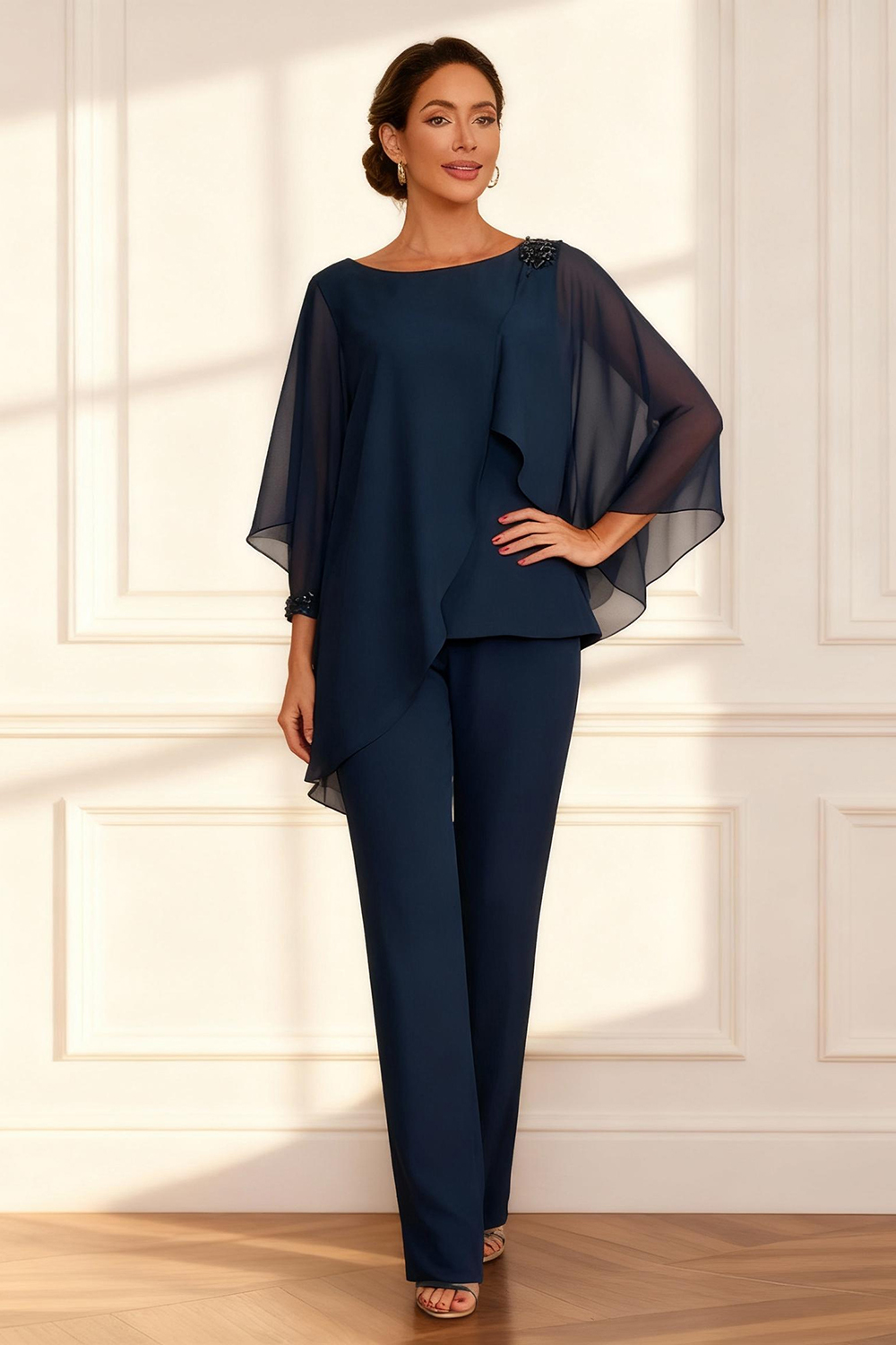 Dark Navy Chiffon 2 Piece Mother of the Bride Pant Suits with Cape