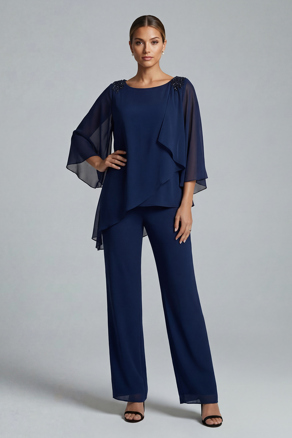 Dark Navy Chiffon Boat Neck 2 Piece Mother of the Bride Pant Suits