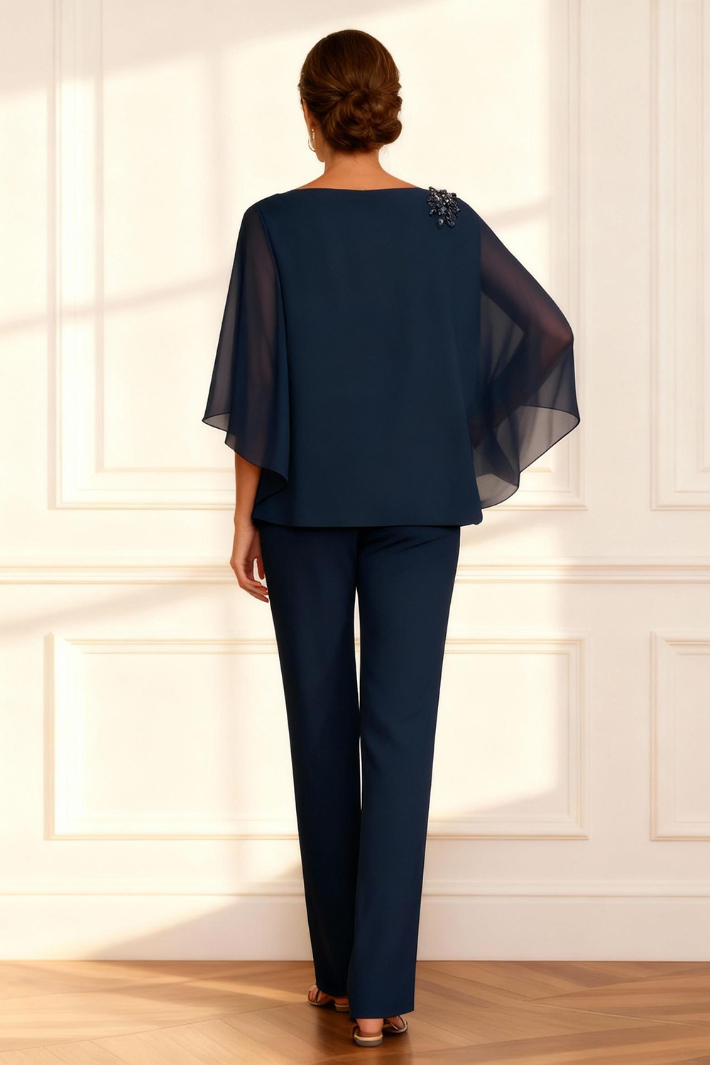 Dark Navy Chiffon 2 Piece Mother of the Bride Pant Suits with Cape