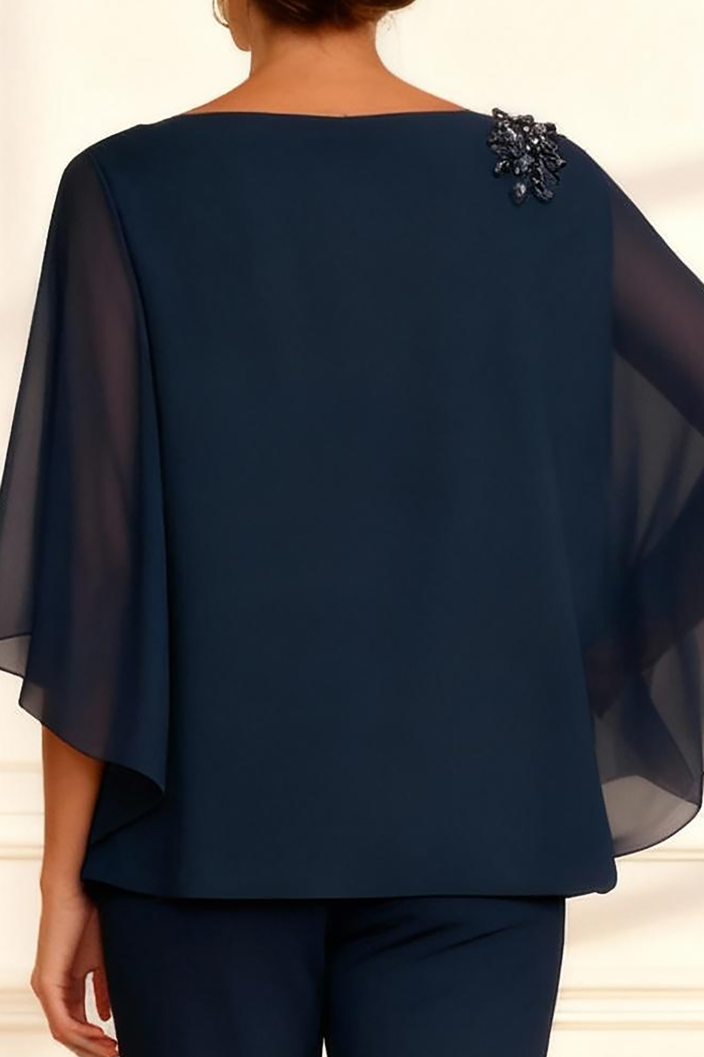 Dark Navy Chiffon 2 Piece Mother of the Bride Pant Suits with Cape