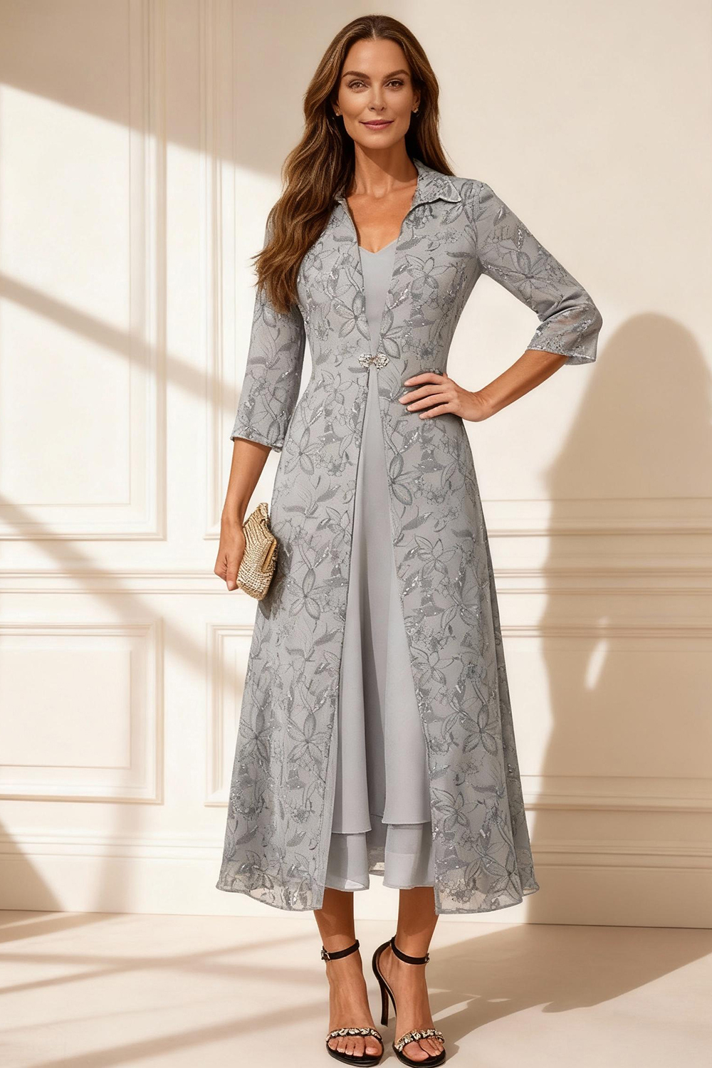 Grey Floral Sheath 2 Piece Tea-Length Mother of the Bride Dress with Jacket