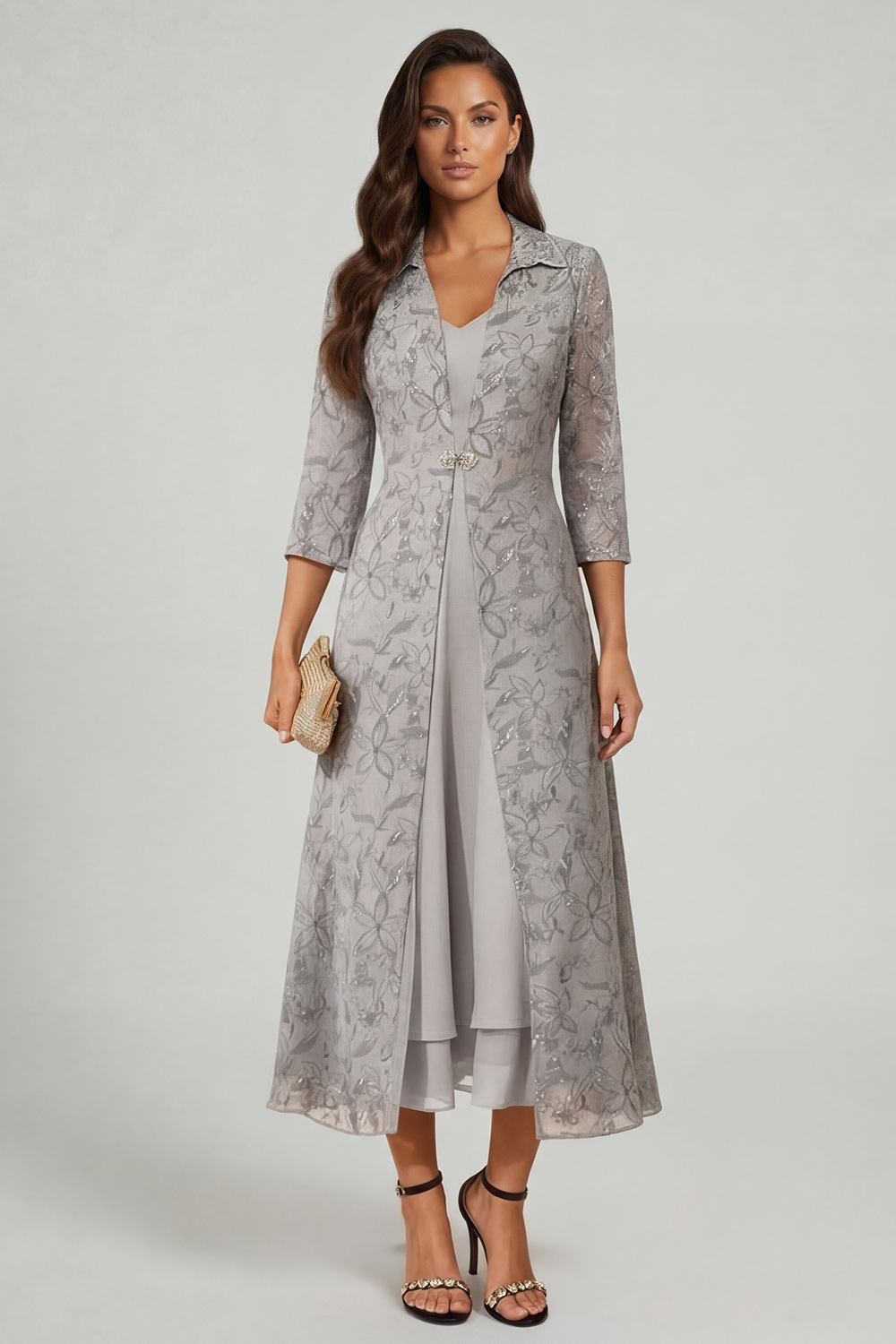 Grey Floral Sheath 2 Piece Tea-Length Mother of the Bride Dress with Jacket