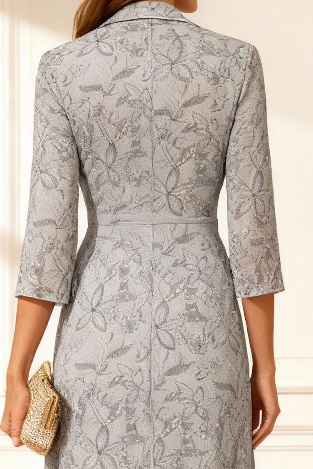 Grey Floral Sheath 2 Piece Tea-Length Mother of the Bride Dress with Jacket