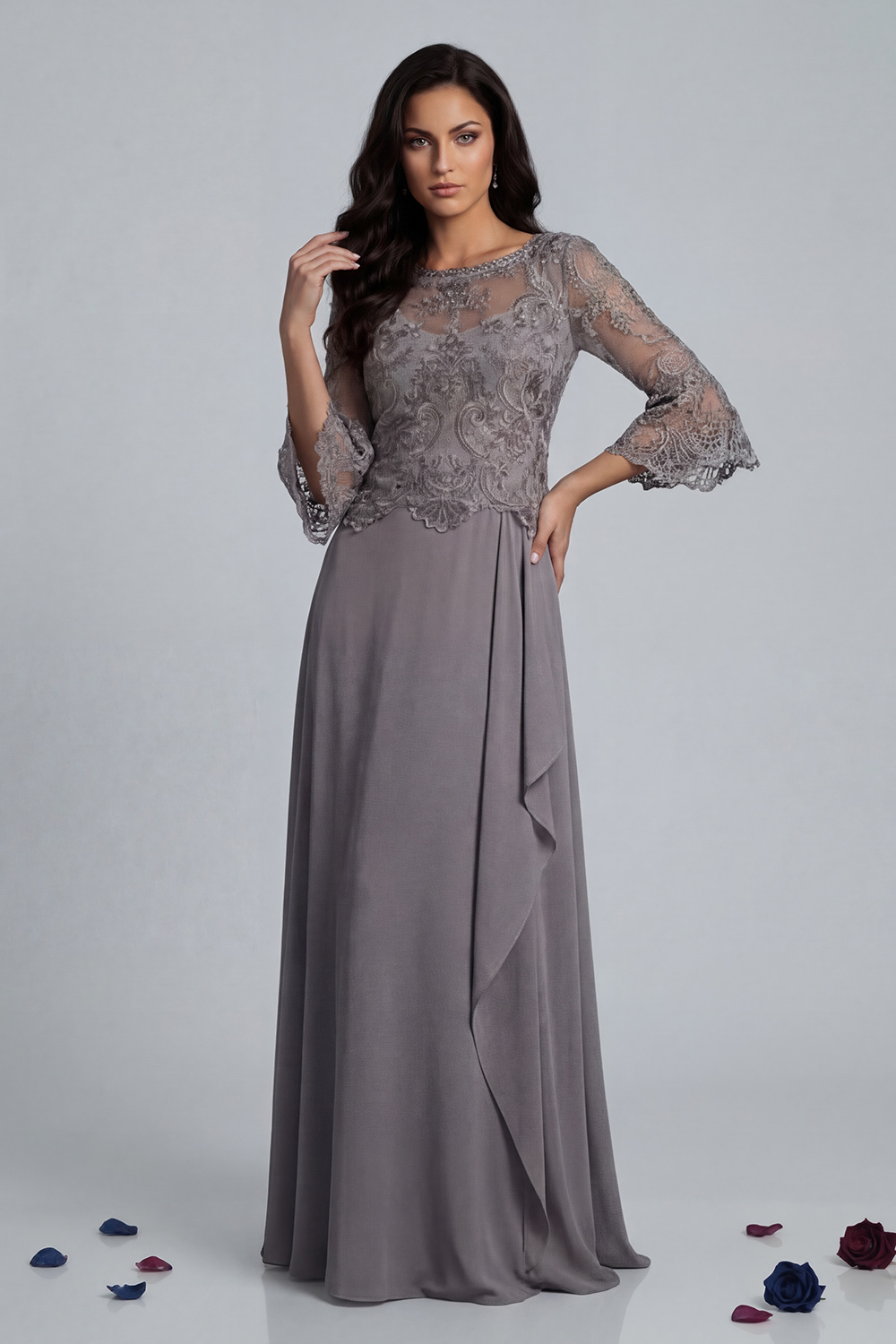 Sparkly Coffee Beaded Ruffled A Line Floor-Length Mother of the Bride Dress with Lace