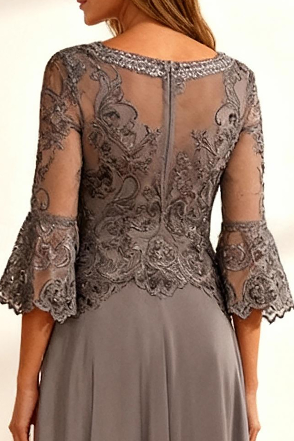 Sparkly Coffee Beaded Ruffled A Line Floor-Length Mother of the Bride Dress with Lace