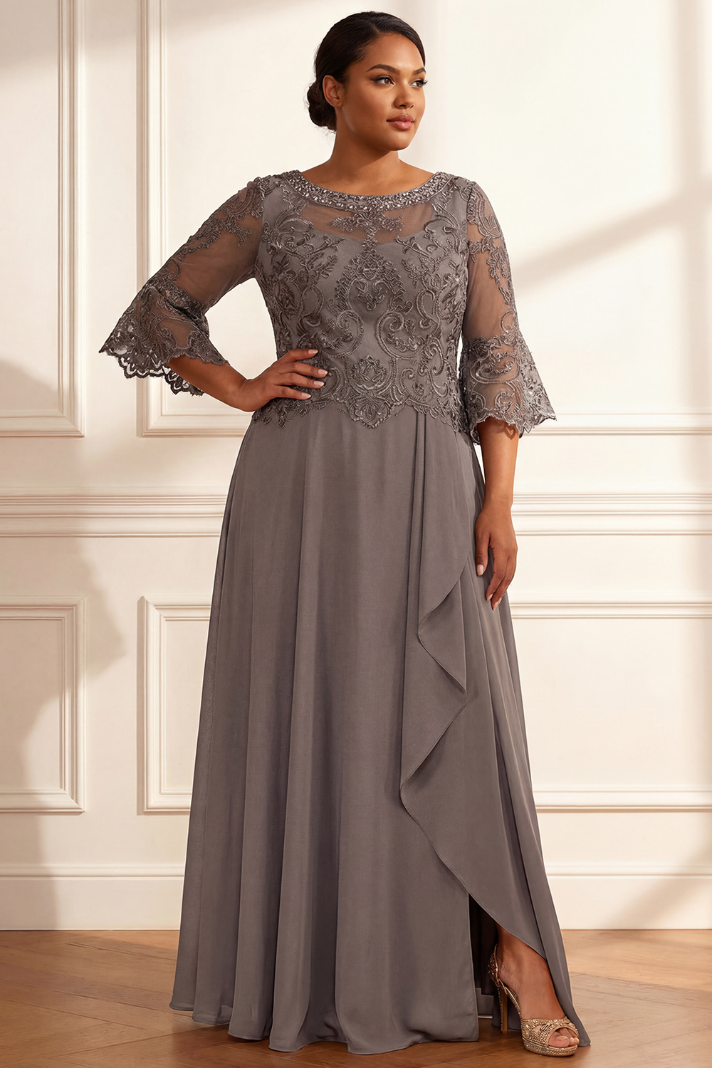 Sparkly Coffee Beaded Ruffled A Line Floor-Length Mother of the Bride Dress with Lace