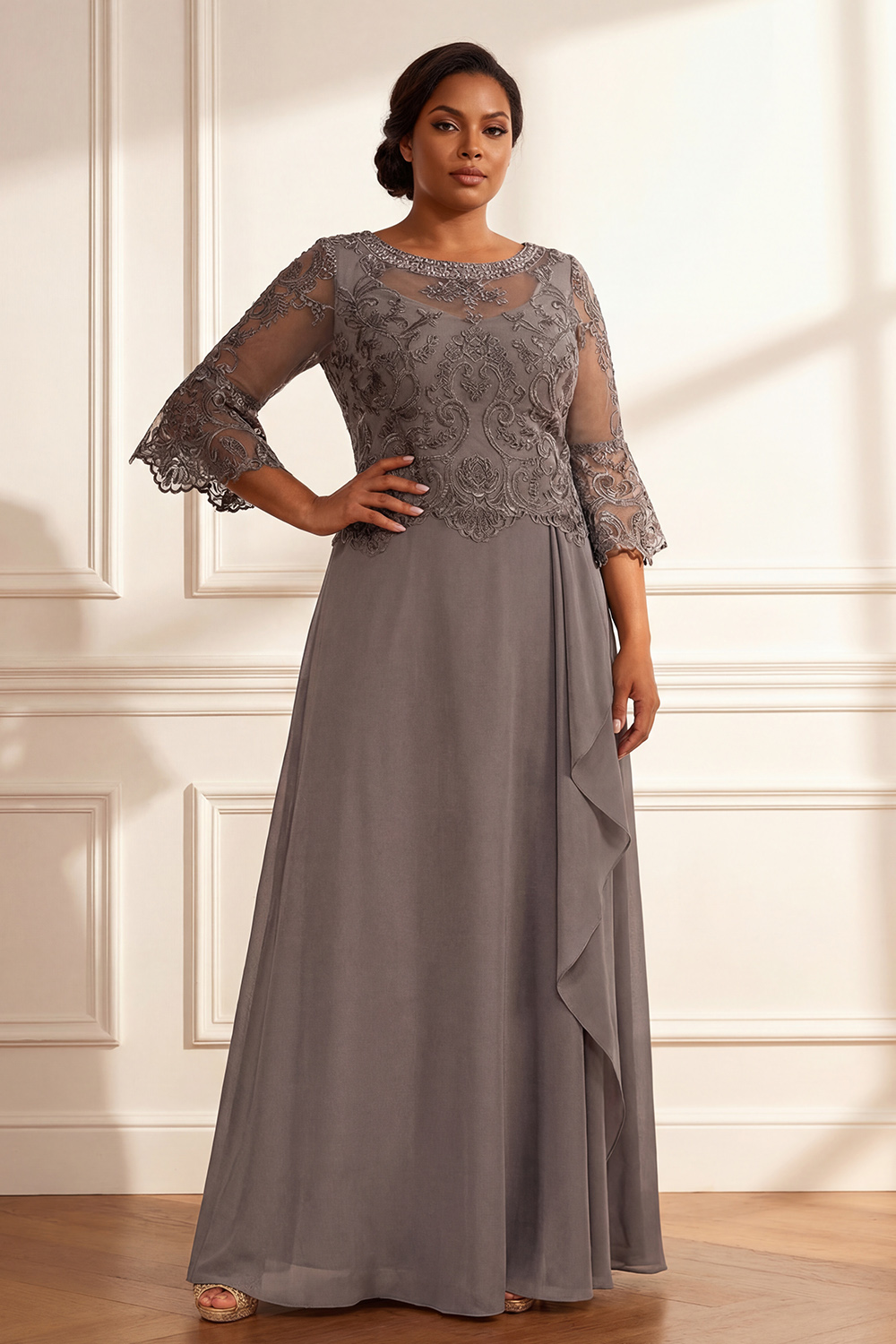 Sparkly Coffee Beaded Ruffled A Line Floor-Length Mother of the Bride Dress with Lace