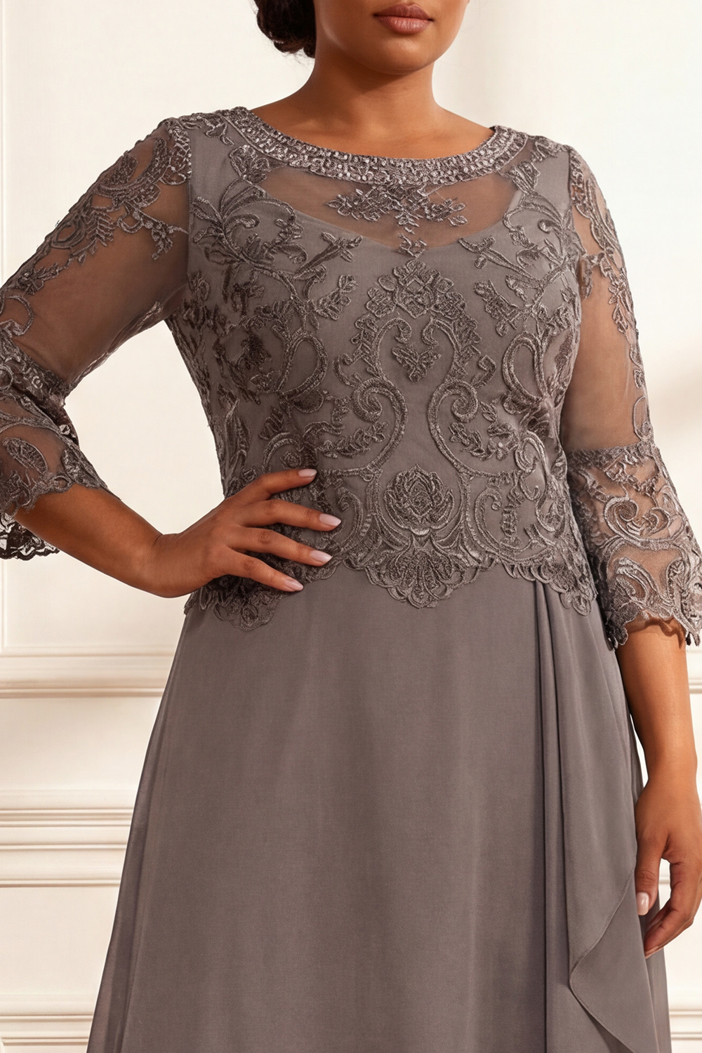 Sparkly Coffee Beaded Ruffled A Line Floor-Length Mother of the Bride Dress with Lace