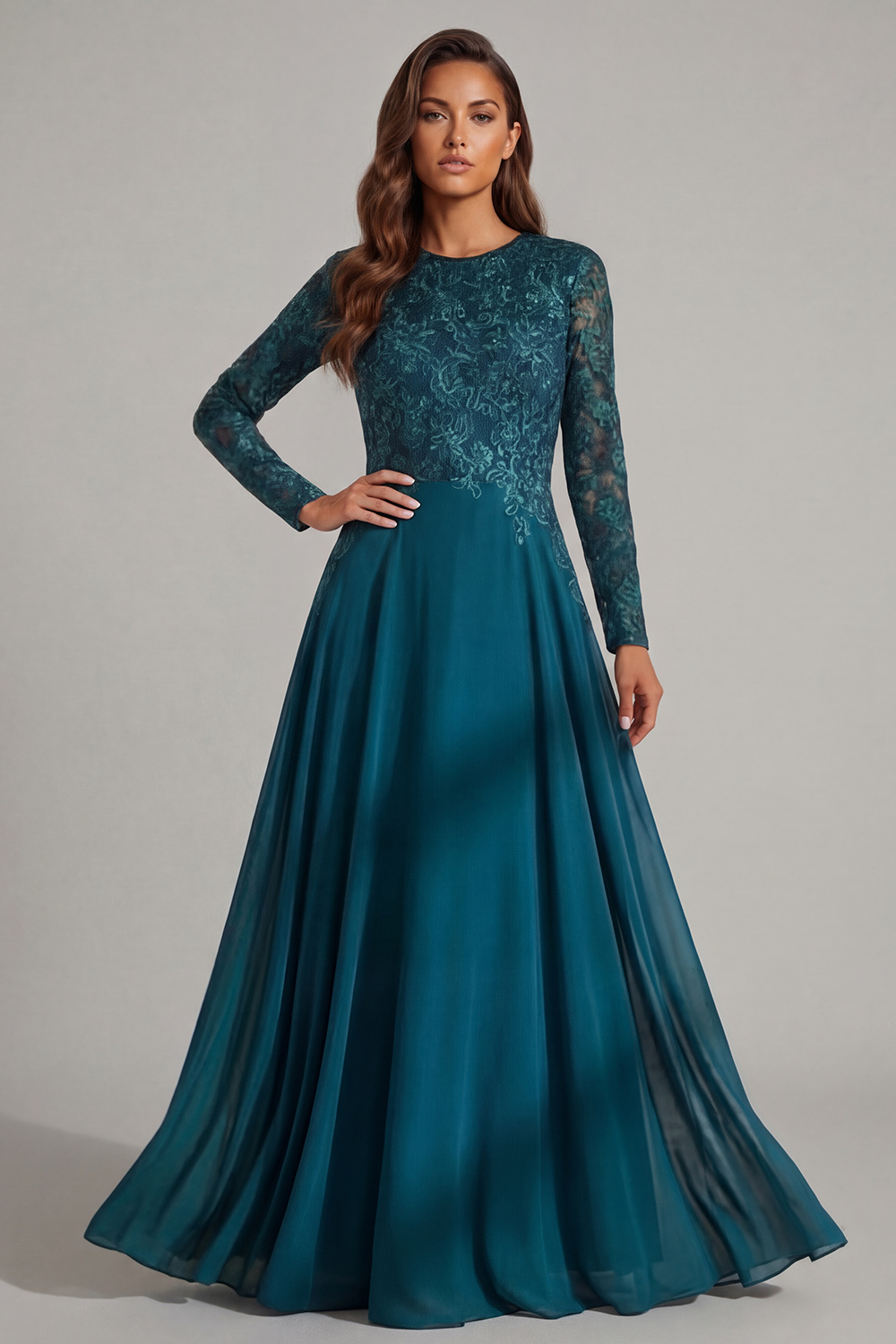 Peacock Blue A Line Floor-Length Mother of the Bride Dress with Lace