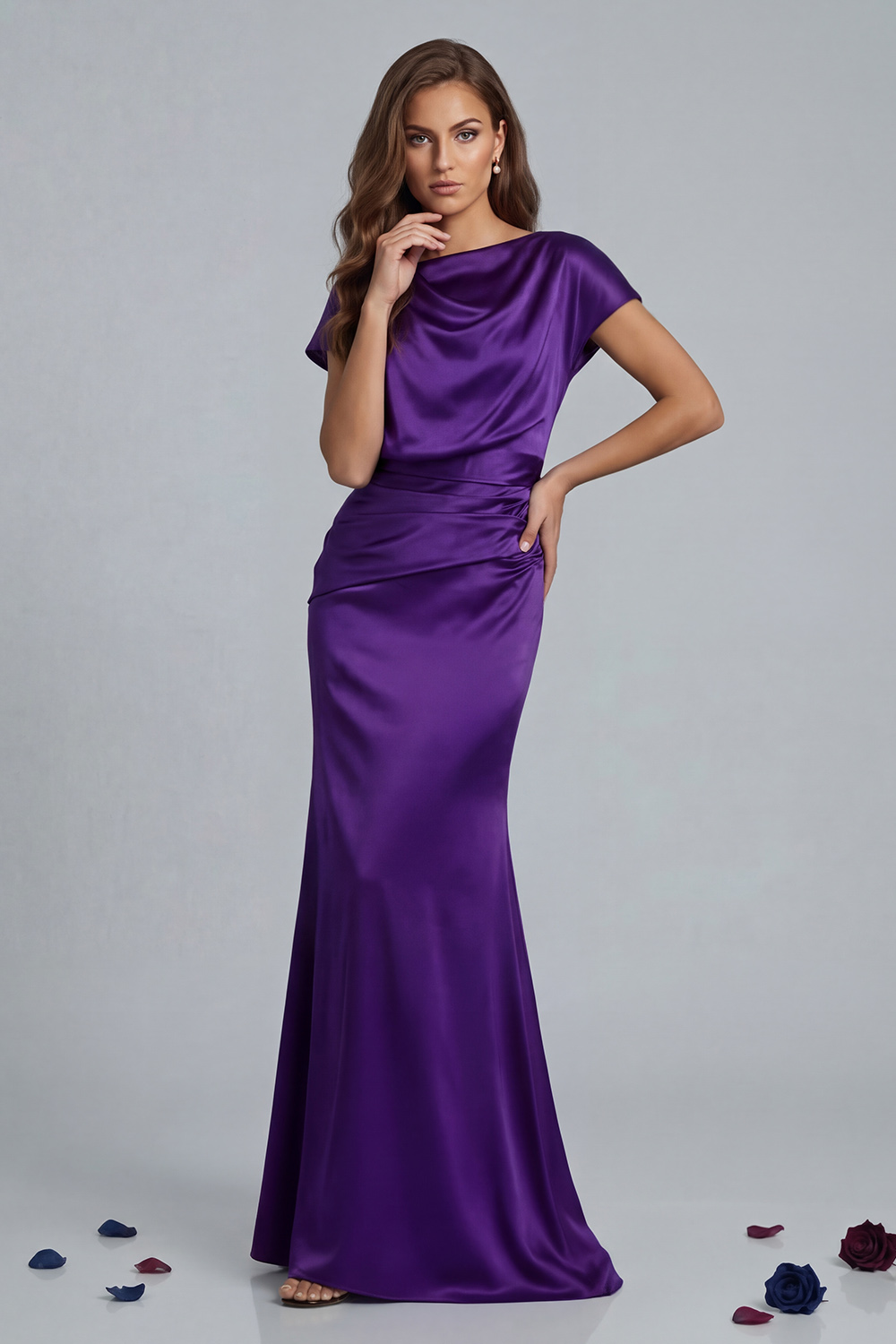 Purple Satin Mermaid Floor-Length Mother of the Bride Dress with Sleeves