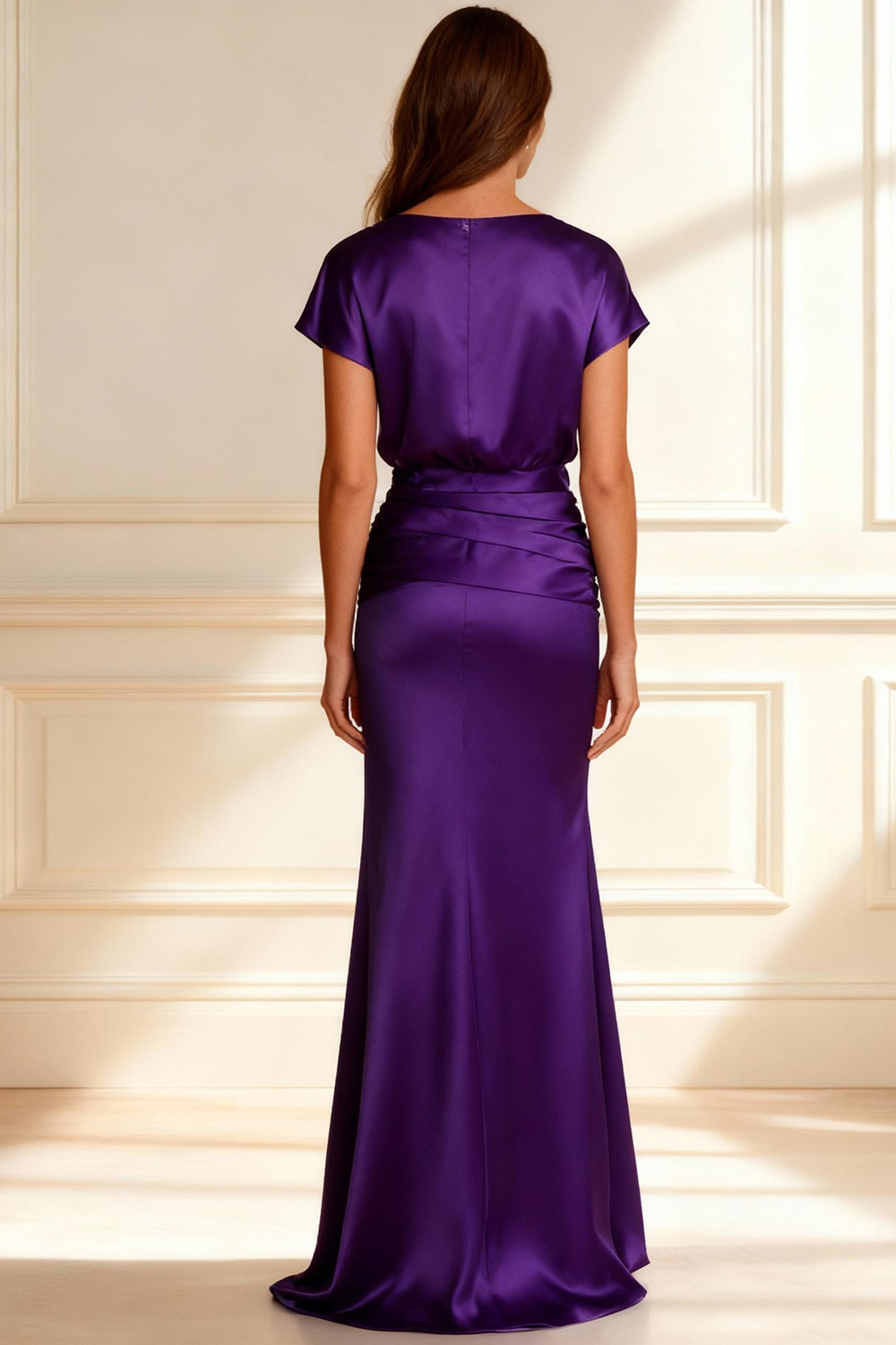 Purple Satin Mermaid Floor-Length Mother of the Bride Dress with Sleeves