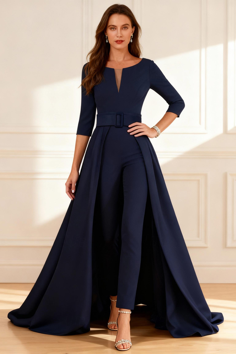 Dark Navy Satin Boat Neck Floor-Length Mother of the Bride Jumpsuits with Cape