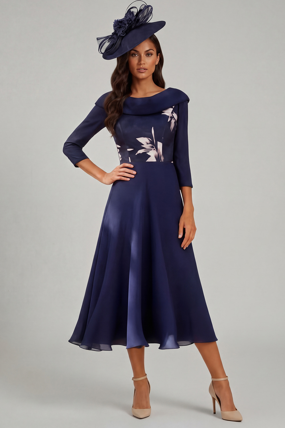 Dark Navy Printed A Line Tea-Length Mother of the Bride Dress with Sleeves