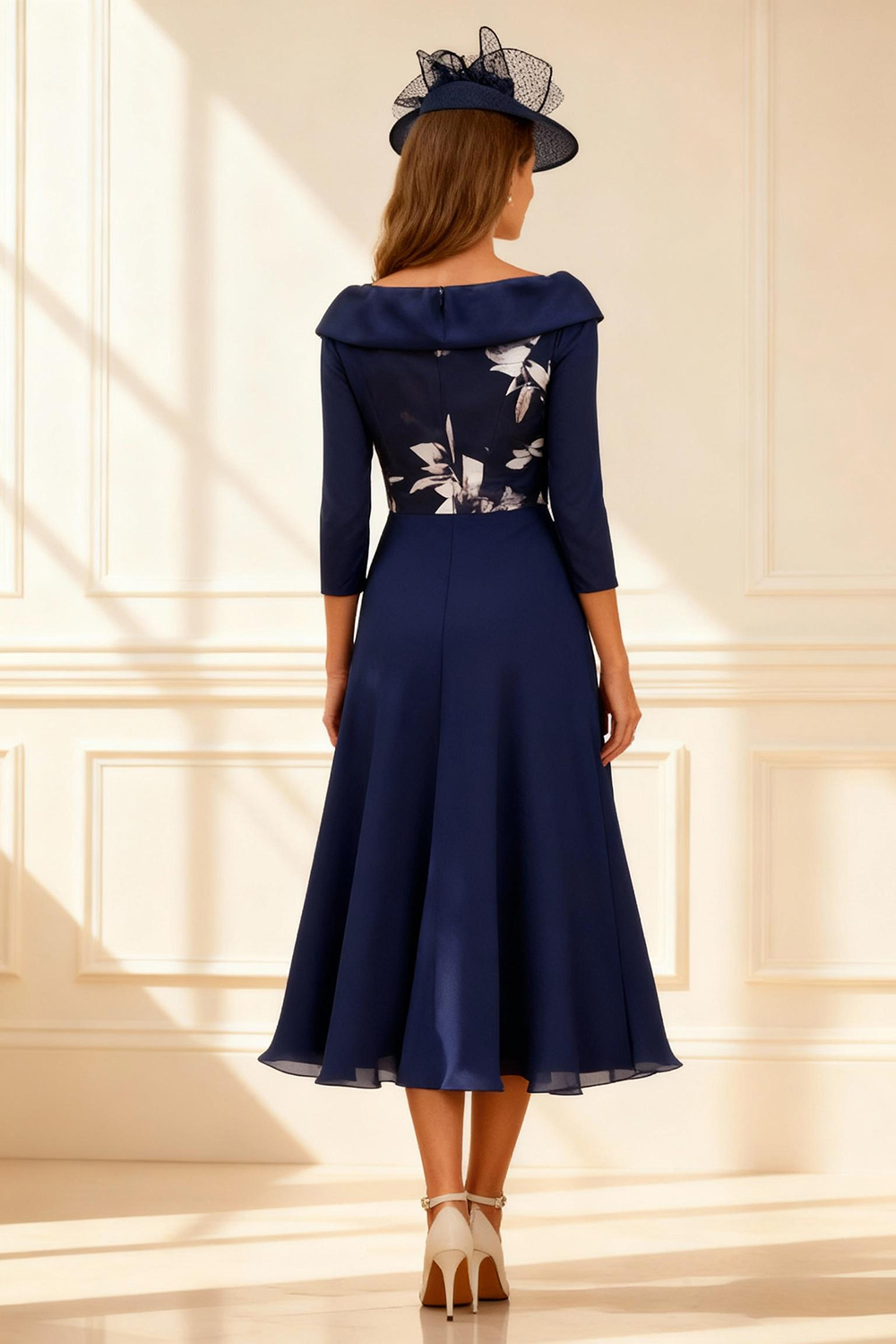 Dark Navy Floral A Line Tea-Length Mother of the Bride Dress with Sleeves