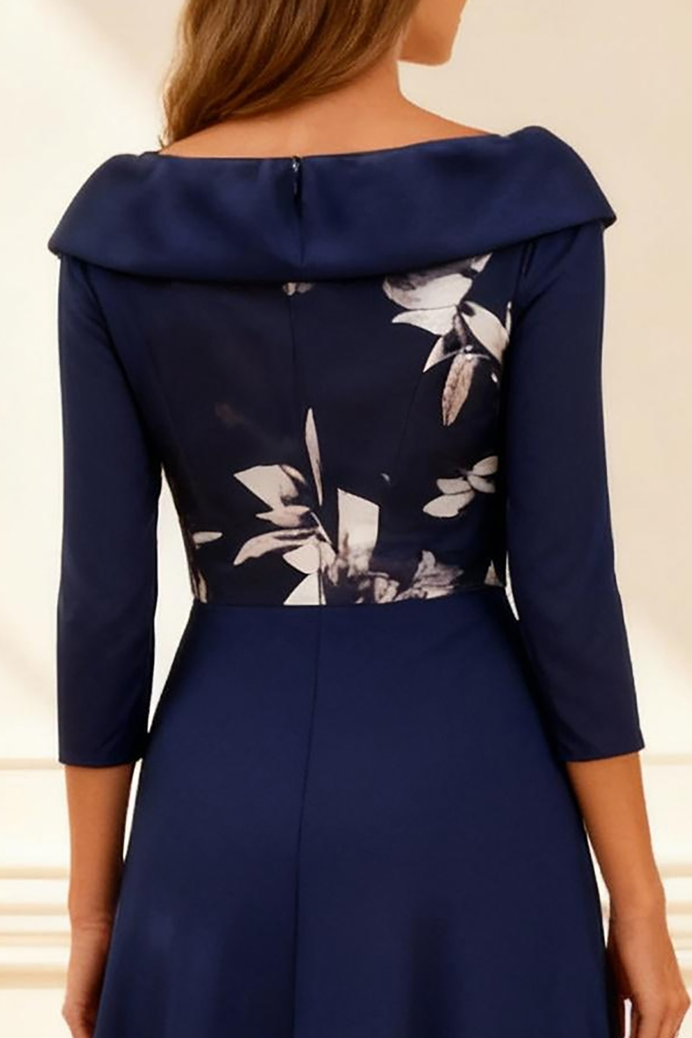 Dark Navy Floral A Line Tea-Length Mother of the Bride Dress with Sleeves