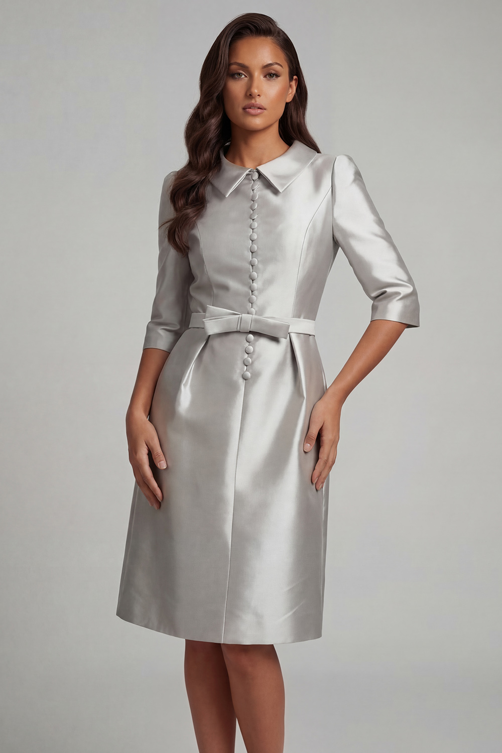 Silver Satin Bodycon Knee-Length Mother of the Bride Dress with Bow