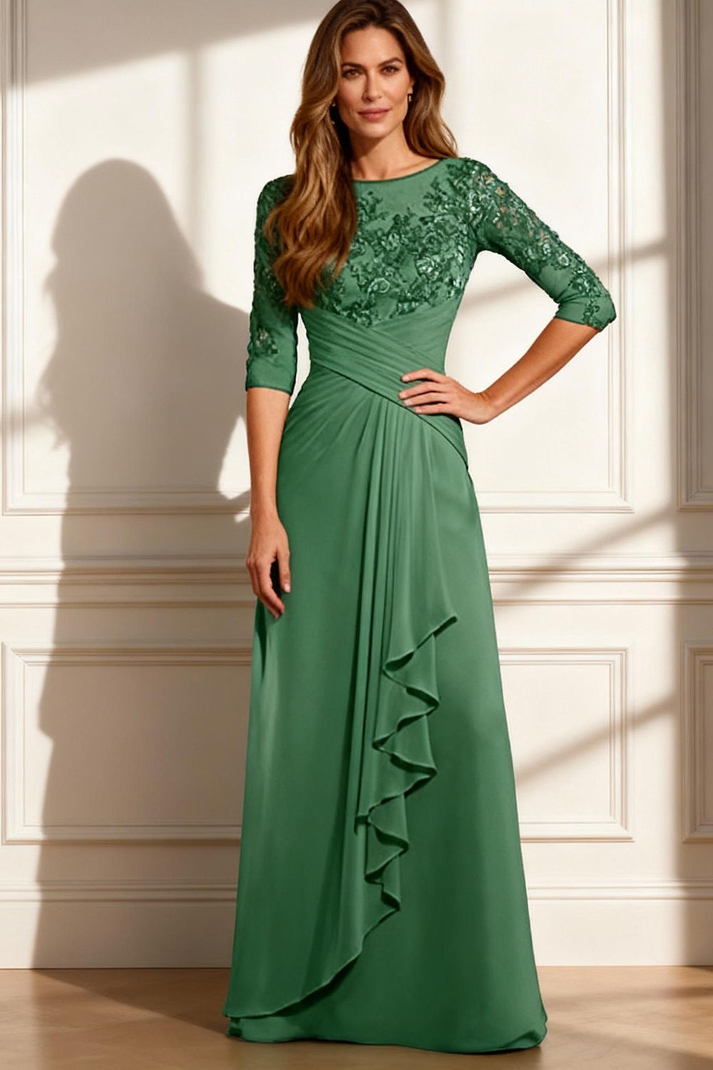 Green Ruffled A Line Floor-Length Mother of the Bride Dress with Lace