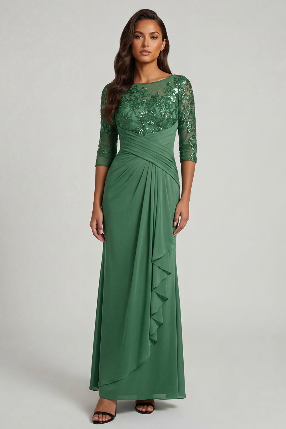 Green Ruffled Sheath Floor-Length Mother of the Bride Dress with Lace