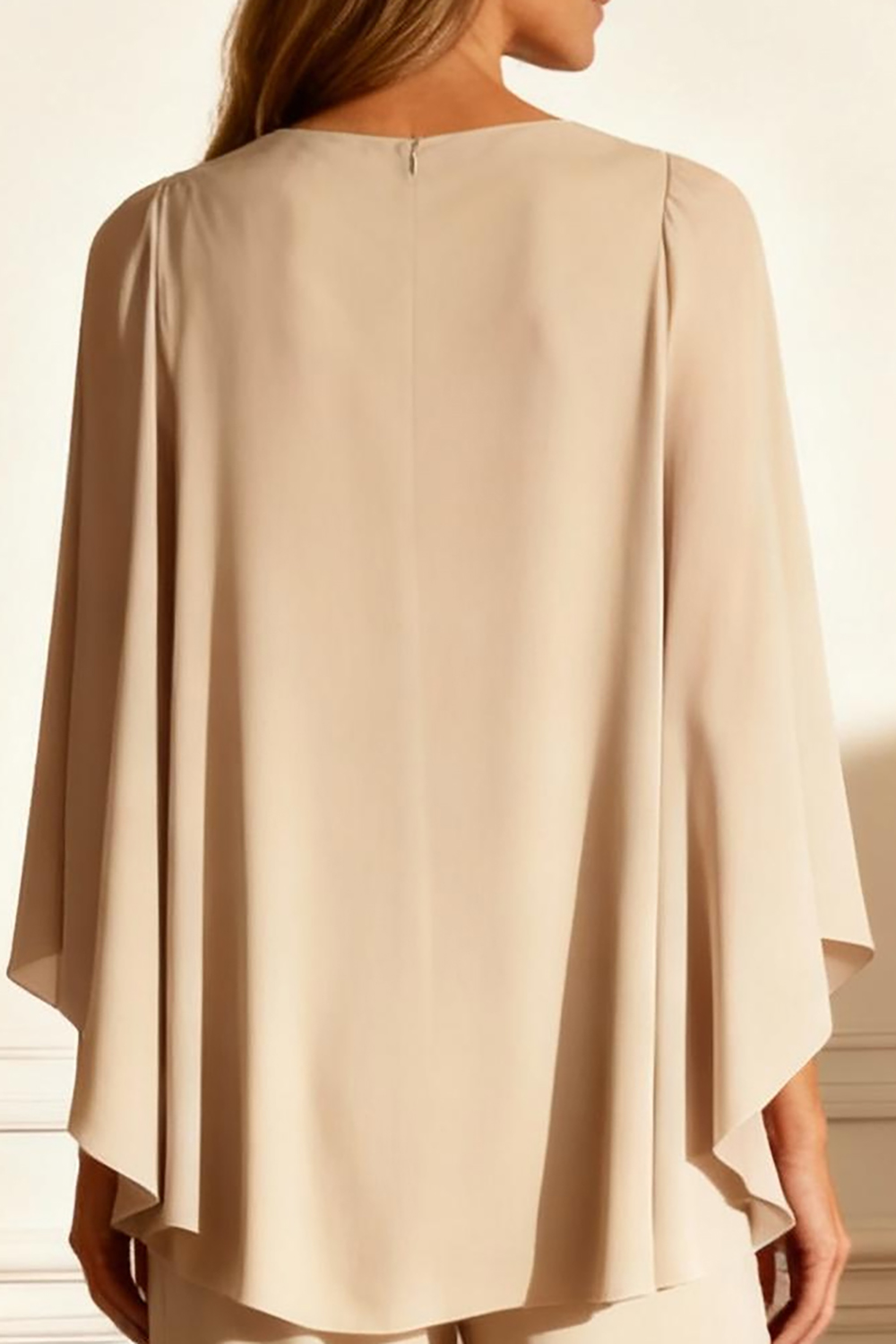 Champagne Chiffon Boat Neck 2 Piece Mother of the Bride Pant Suits with Cape