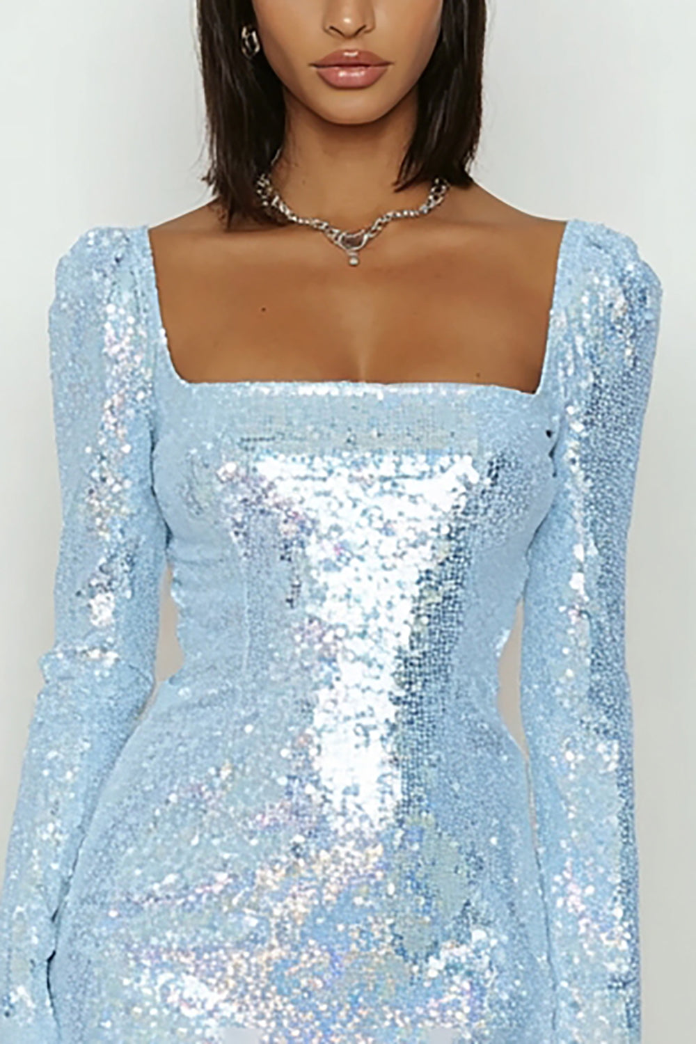 Sparkly Sky Blue Bodycon Sequin Short Cocktail Dress with Sleeves