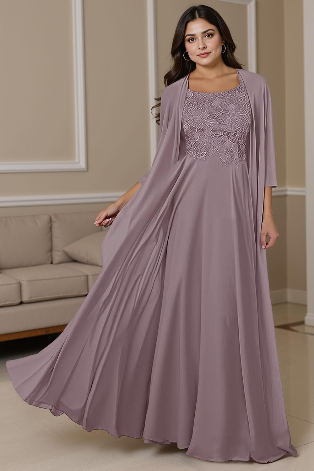 Dusty Blue Boat Neck Sheath Floor-Length Mother of the Bride Dress with Jacket