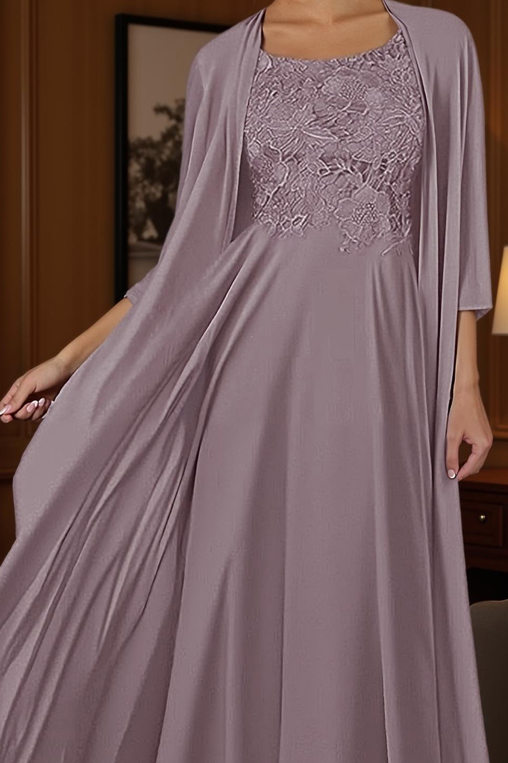 Dusty Blue Boat Neck Sheath Floor-Length Mother of the Bride Dress with Jacket