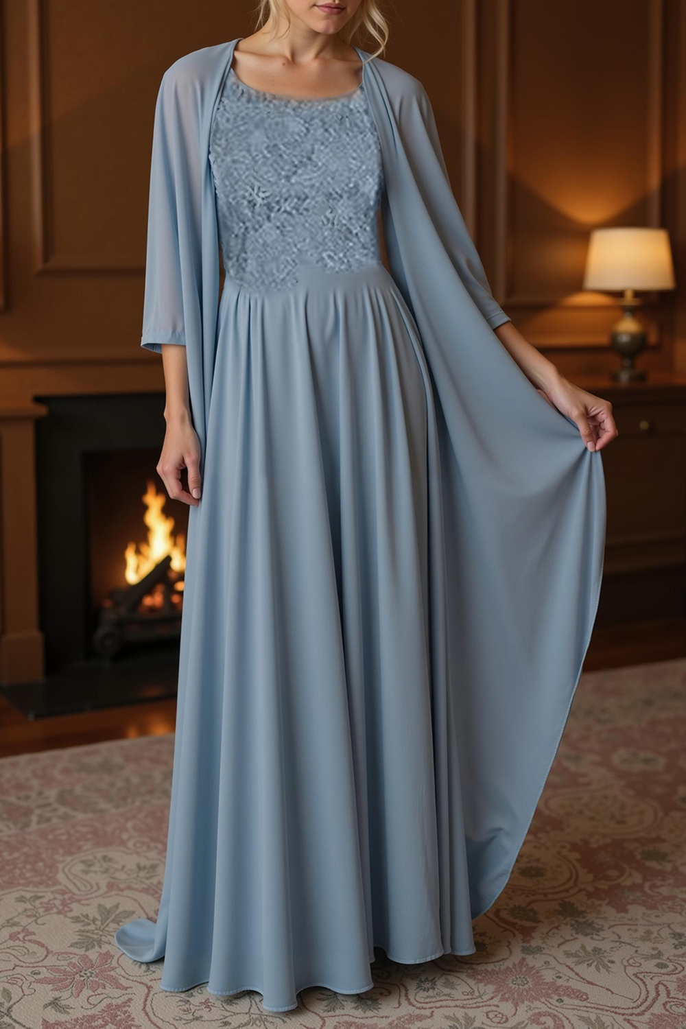 Dusty Blue Boat Neck Sheath Floor-Length Mother of the Bride Dress with Jacket