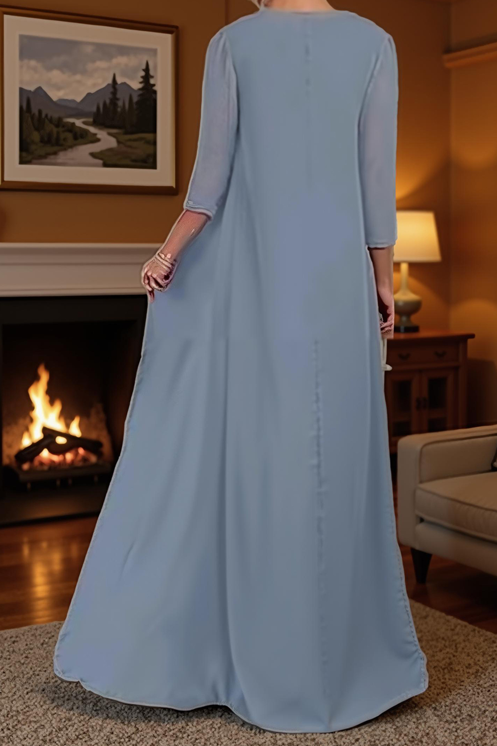 Dusty Blue Boat Neck Sheath Floor-Length Mother of the Bride Dress with Jacket