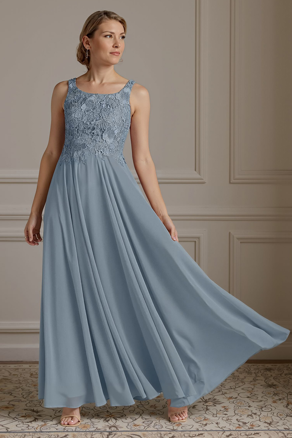 Floral Dusty Blue A Line 2 Piece Floor-Length Mother of the Bride Dress with Jacket
