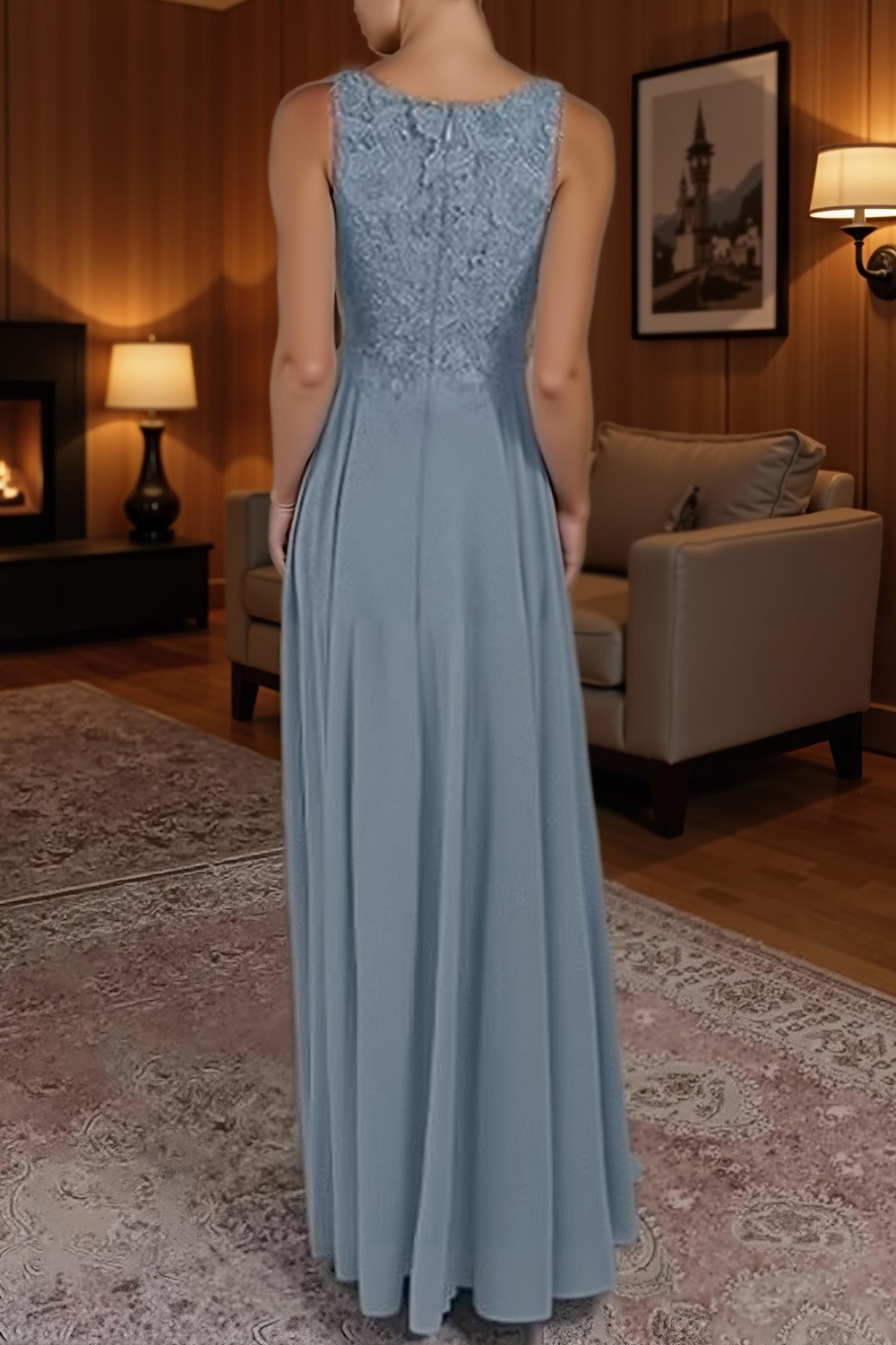 Dusty Blue Boat Neck Sheath Floor-Length Mother of the Bride Dress with Jacket