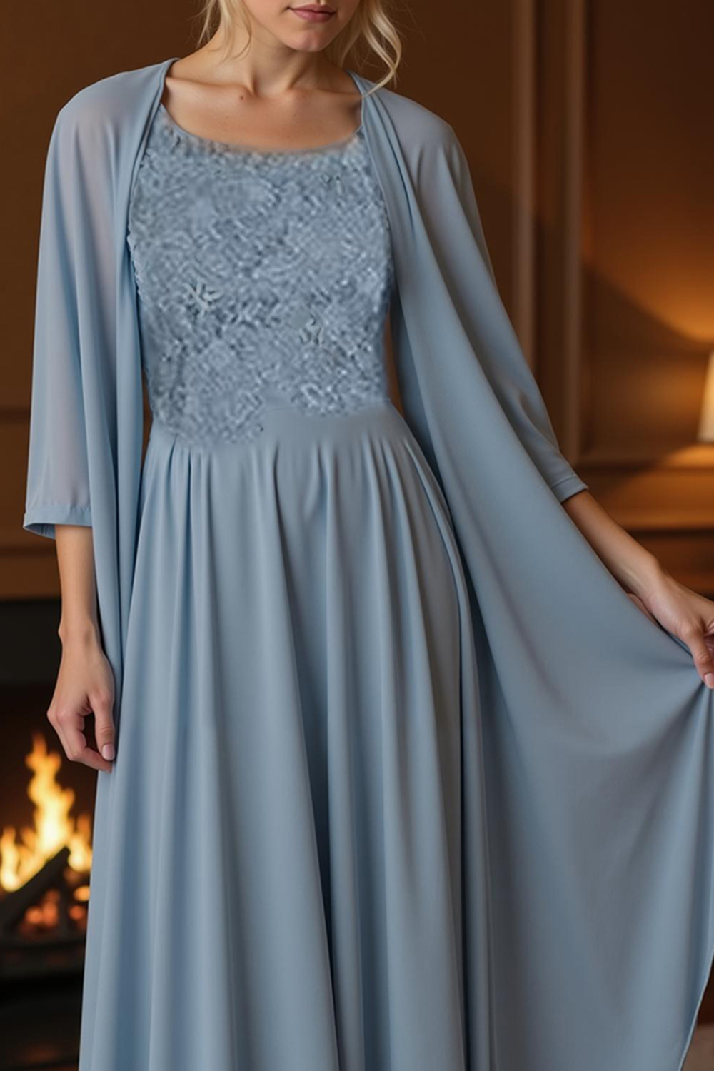 Dusty Blue Boat Neck Sheath Floor-Length Mother of the Bride Dress with Jacket