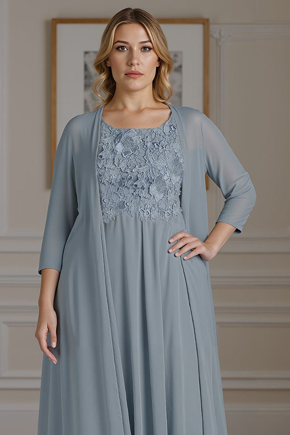 Floral Dusty Blue A Line 2 Piece Floor-Length Mother of the Bride Dress with Jacket