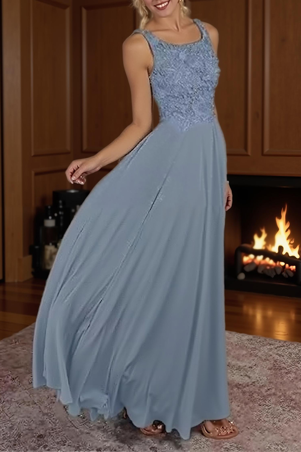 Dusty Blue Boat Neck Sheath Floor-Length Mother of the Bride Dress with Jacket