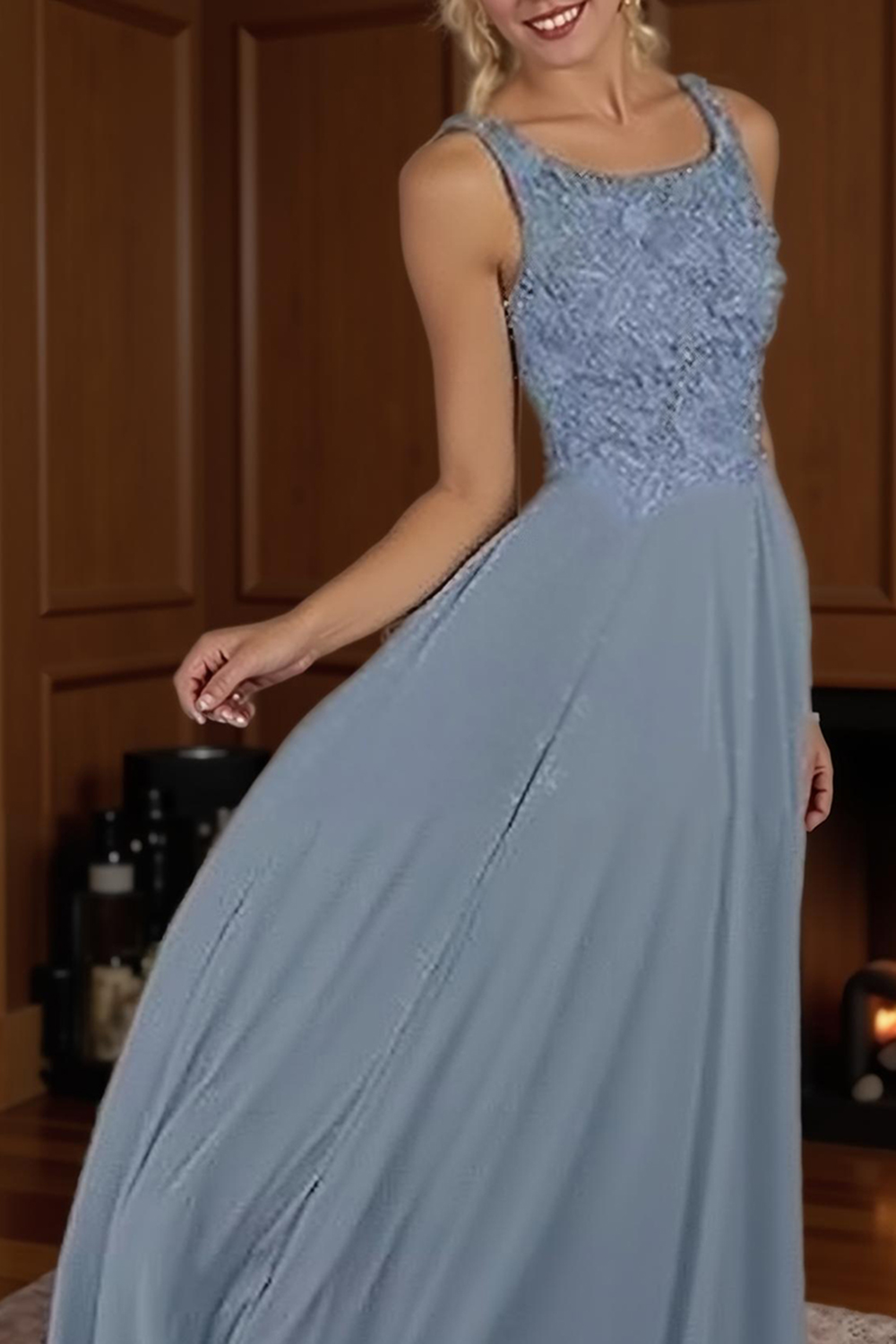 Dusty Blue Boat Neck Sheath Floor-Length Mother of the Bride Dress with Jacket