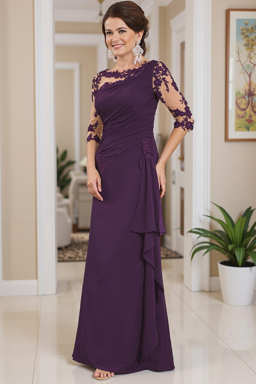 Black Sheath Boat Neck Floor-Length Mother of the Bride Dress with Lace
