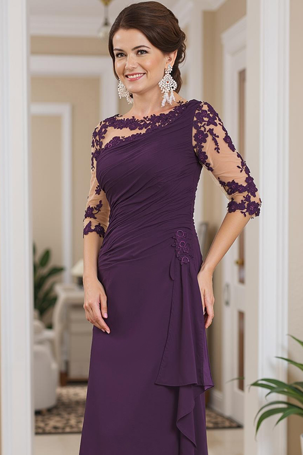 Black Sheath Boat Neck Floor-Length Mother of the Bride Dress with Lace