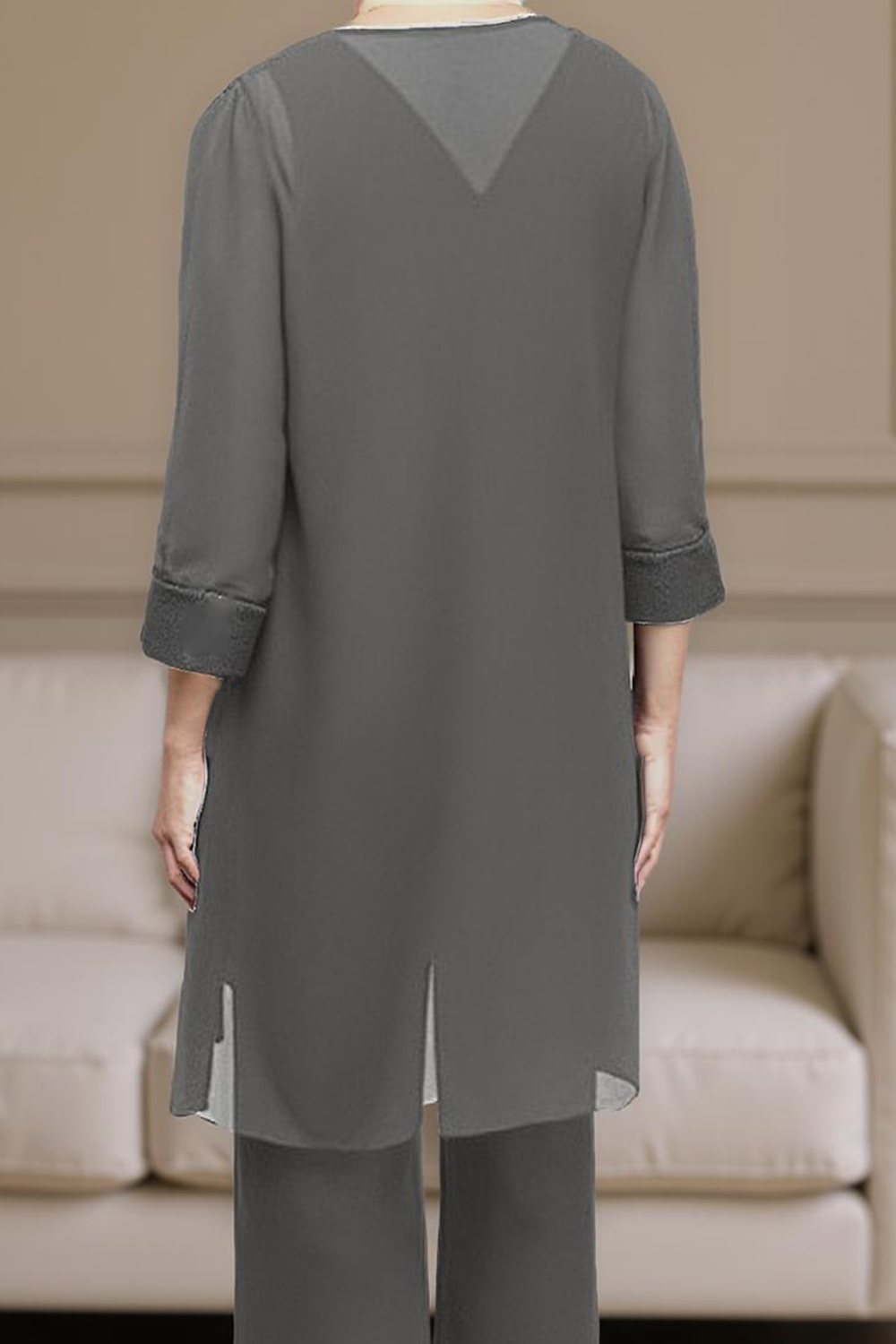 Steel Grey Boat Neck 3-Piece Mother of the Bride Pantsuit with Lace