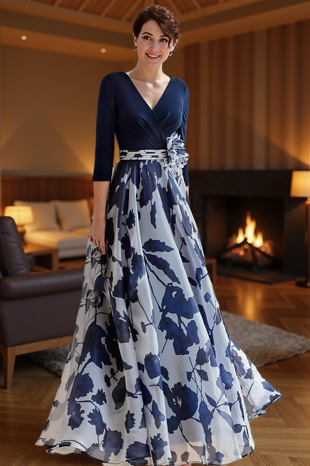 Fuchsia V-Neck A Line Floral Floor-Length Mother of the Bride Dress