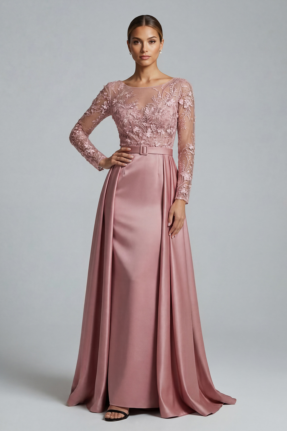 Dusty Rose Sheath Satin Floor-Length Mother of the Bride Dress with Cape
