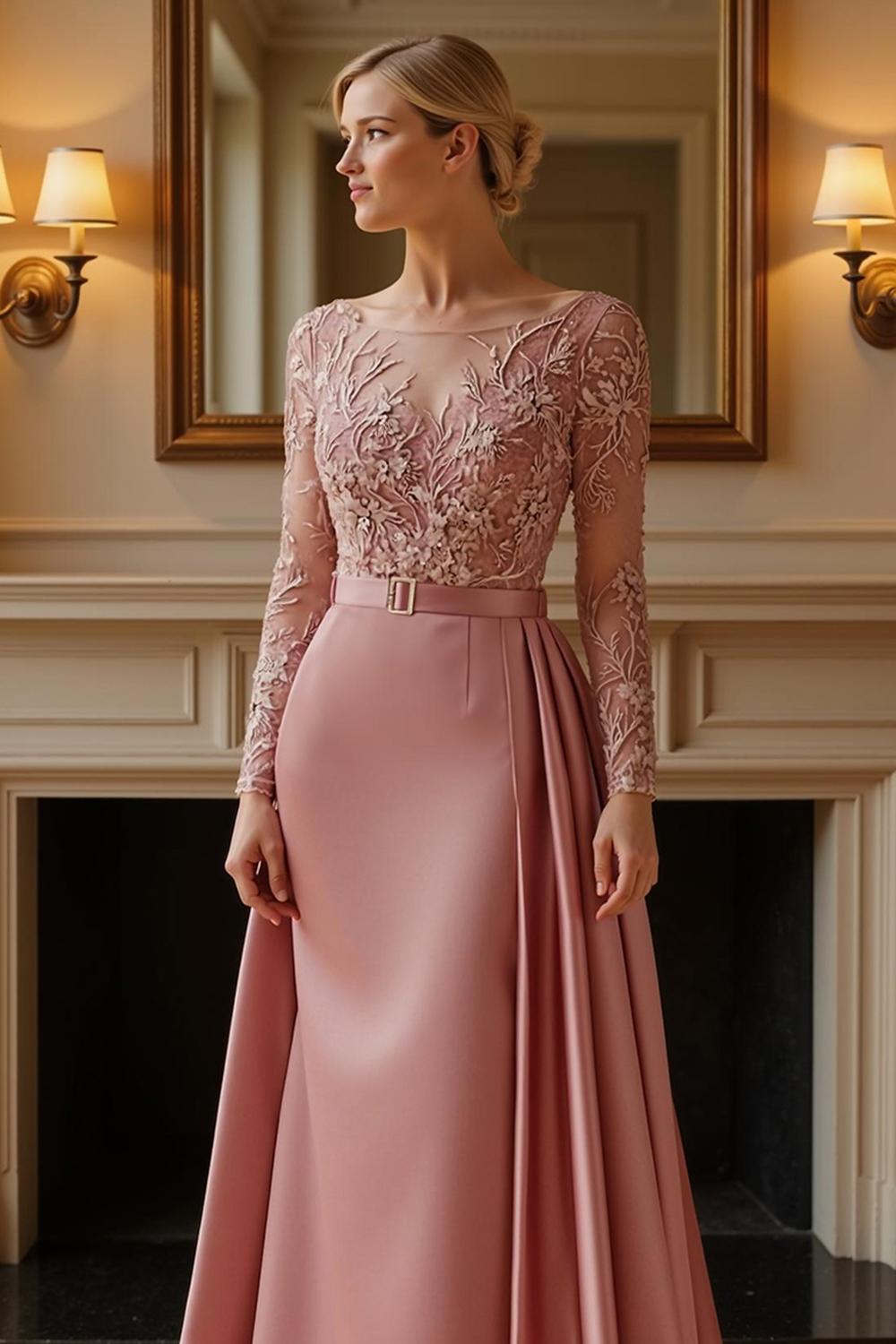 Dusty Rose Sheath Satin Floor-Length Mother of the Bride Dress with Cape