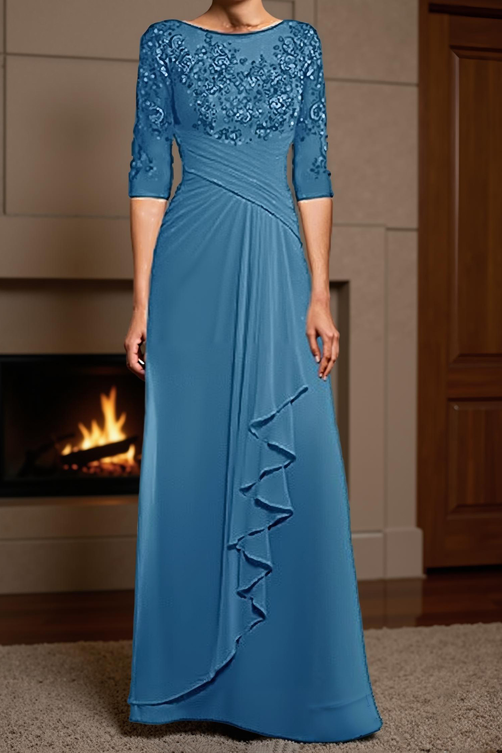 Eucalyptus Sheath Ruffled Floor-Length Mother of the Bride Dress with Lace