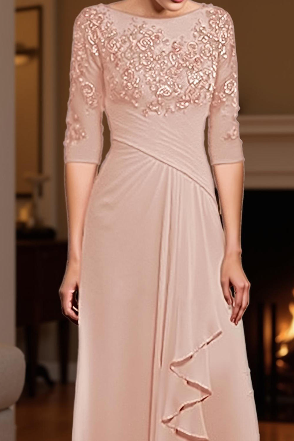 Eucalyptus Sheath Ruffled Floor-Length Mother of the Bride Dress with Lace