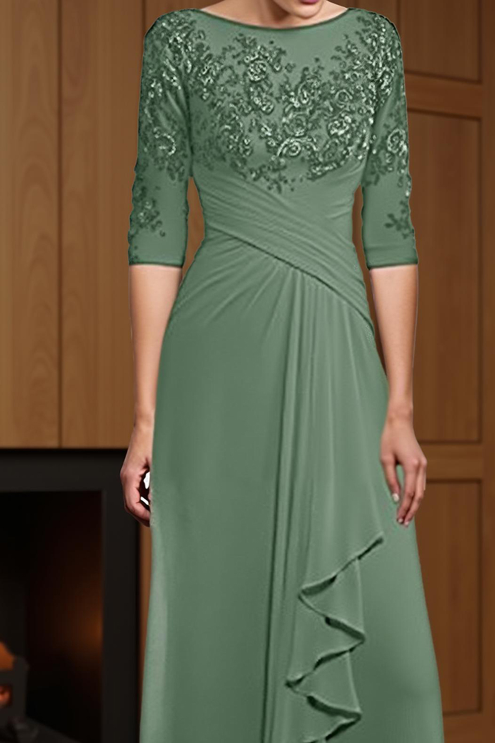 Eucalyptus Sheath Ruffled Floor-Length Mother of the Bride Dress with Lace