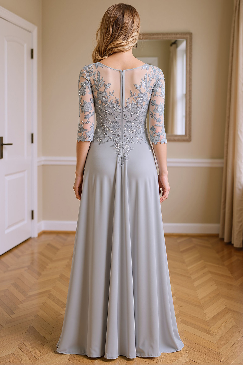 Silver Floral V-Neck A Line Floor-Length Mother of the Bride Dress with Lace