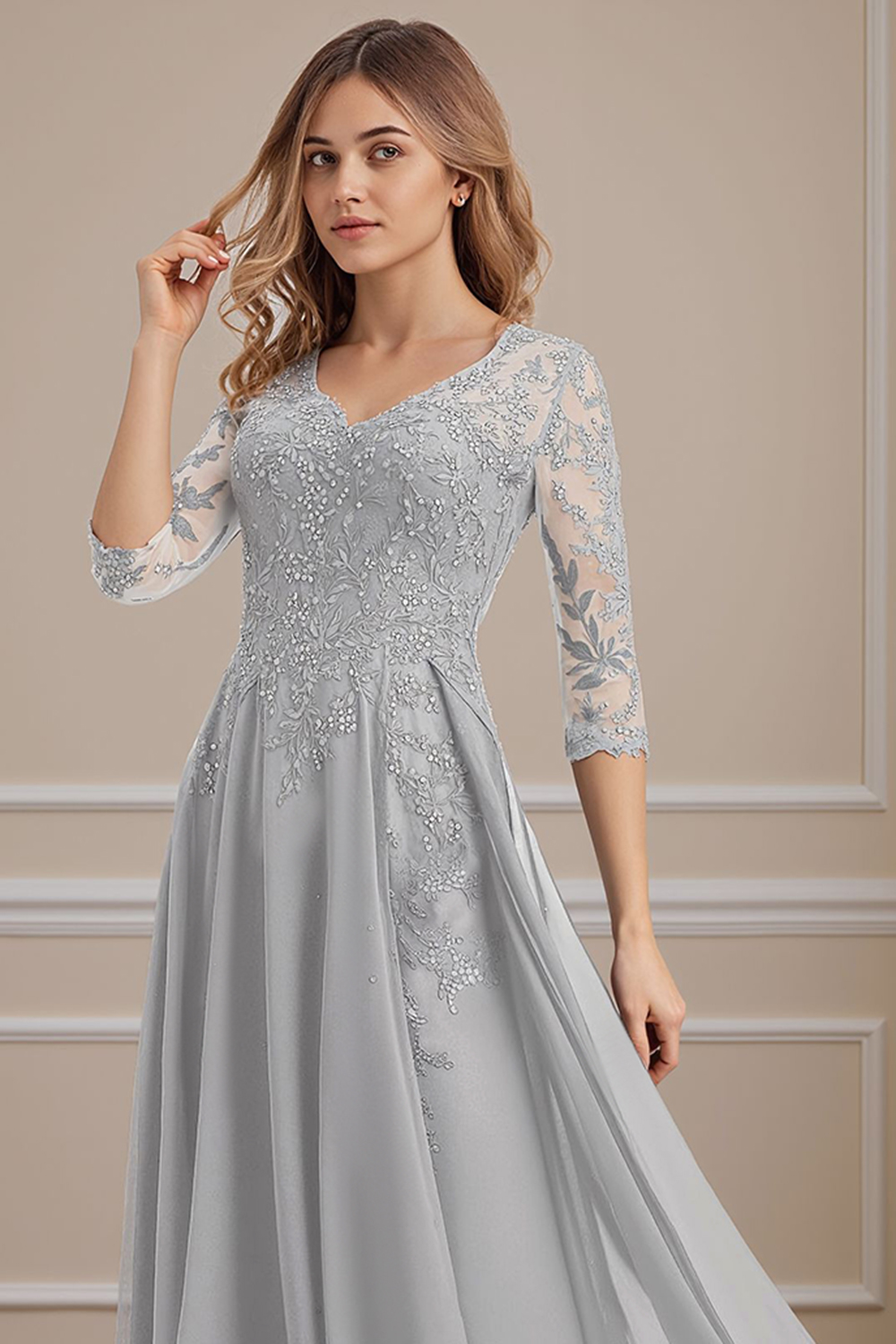 Silver Floral V-Neck A Line Floor-Length Mother of the Bride Dress with Lace